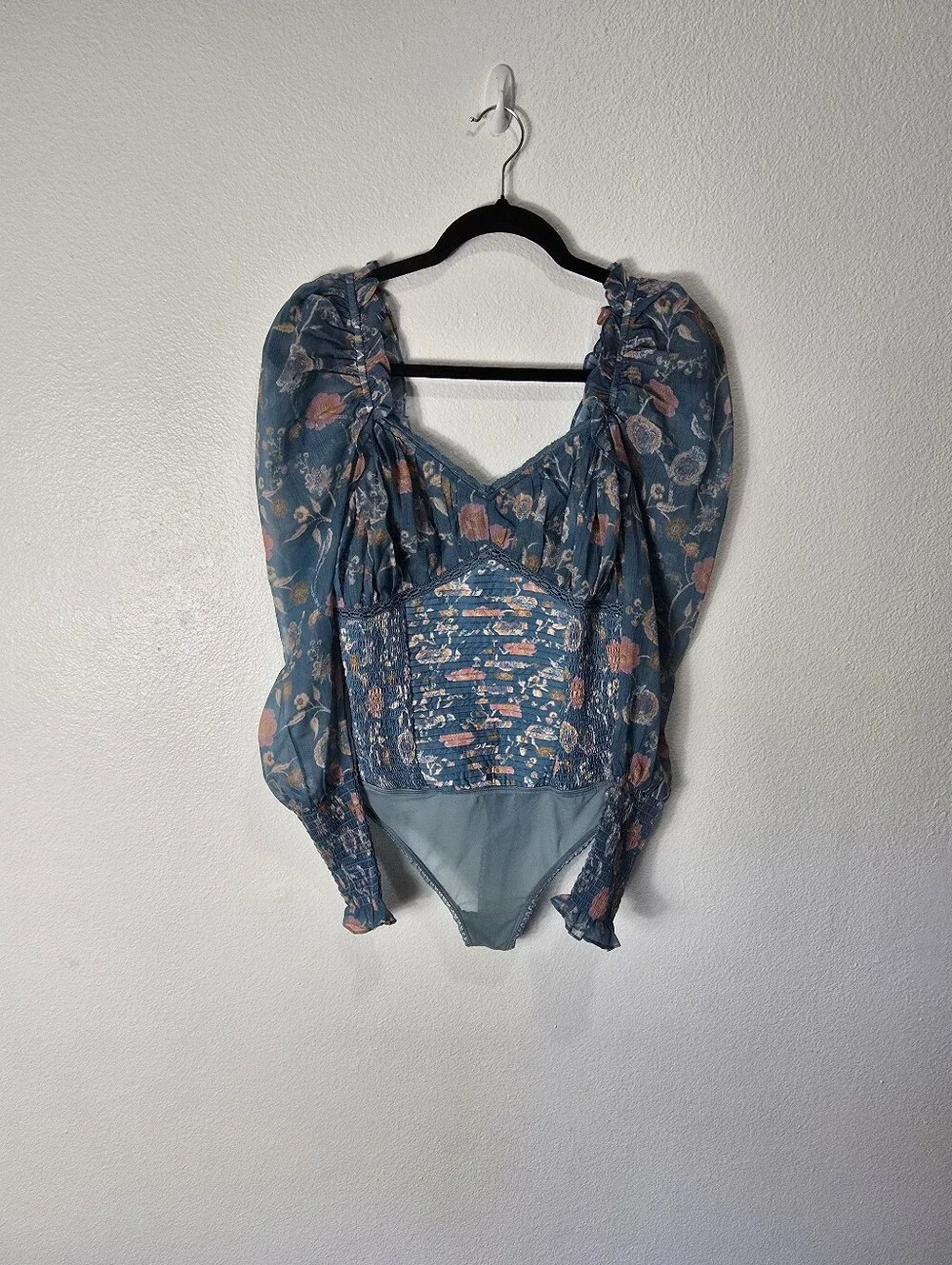 Free People Turquoise Floral Smocked  Long Sleeve Bodysuit.